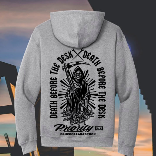 DEATH BEFORE THE DESK HOODIE GREY